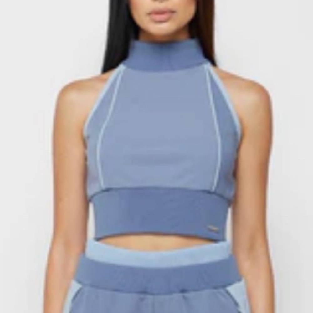 HIGH NECK CONTRAST CROP TOP - STEEL BLUE